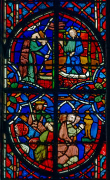 Dieu de colère dans un char, face à des idolâtres (37-38)  - Dieu (à droite) presse le vin de sa colère que la fille de Juda (à gauche) boit (33-34)