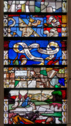Baie 2: Miracle du Miracle du chanoine sauvé de la noyade par la Vierge - Prédication de l'Immaculée Conception par saint-Anselme - La Vierge et les anges qui tirent le chanoine d el'eau (?)