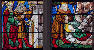 Sainte berbe et le soir, son père, qui menace de l'enfemer dans une tour - Sainte Barbe tirée par les cheveux