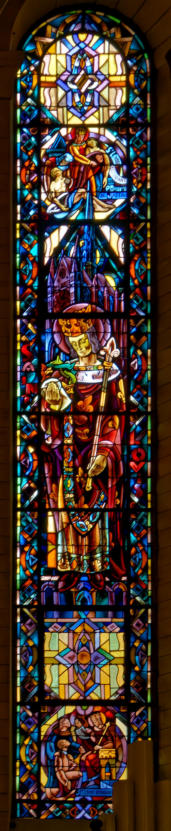 Saint Louis qui porte la couronne d’épine du Christ, rend la justice et soigne les pestiférés