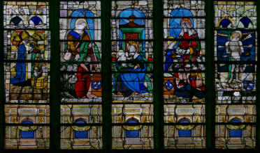 Baie 0: Saint Nicolas - Le donateur présenté par saint Jacques - Vierge à l'Enfant  -Donatrice présentée par sainte Anne - Saint Sébastien