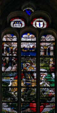 Saint Georges terrassant le dragon en présence de la princesse de Trébizonde, de ses parents et de spectateurs - 3 écus armoriés