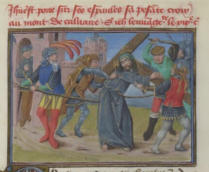 Jésus-Christ porte sur ses épaules la lourde croix au Calvaire