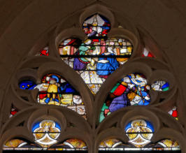  A gauche boeuf de saint Luc - A droite, l'annonce de l'ange à Joachim - Au centre, vision de sainte Anne (?) -En haut, un miracle de la Vierge avec un diable en fuite 