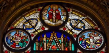 Saint Louis entouré de médaillons relatant des épisodes de sa vie par Joseph Vigné sur un carton de Pierre Jollivet en 1842