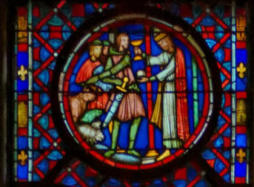 Baie 13 de la Sainte-Chapelle de Paris: Melchisédech offre le pain et le vin à Abraham qui offre des troupeaux