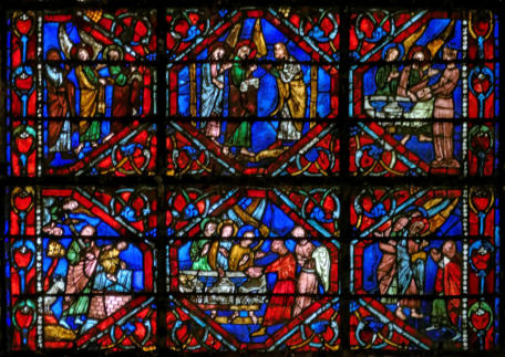 Baie 19 de la cathédrale Saint-Étienne d'Auxerre: Sacrifice d'Abraham - Abraham reçoit les trois anges - Ils lui annoncent la destruction de Sodome et Gomorrhe - Abraham intercède pour les villes condamnées - Loth accueille 2 anges devant Sodome - La femm