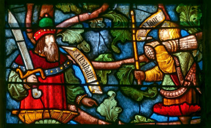 Détail de la baie 2 de l'église Sainte-Marie-Madeleine à Troyes: Abraham et Isaac qui porte le bois dans l'arbre de Jessé