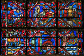 Baie 19: L'arche durant le déluge - Un vautour dévorant un cheval - Noé sortant le de l'arche - Noé cultive la vigne - Ivresse de Noé - Construction de la tour de Babel 