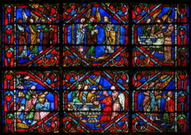 Baie 19: Sacrifice d'Abraham - Abraham reçoit les trois anges - Ils lui annoncent la destruction de Sodome et Gomorrhe - Abraham intercède pour les villes condamnées - Loth accueille 2 anges devant Sodome - La femme de Loth sert les 2 anges