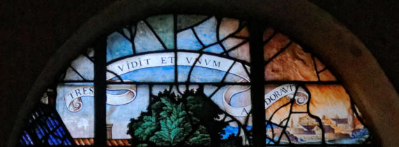 Baie 13: Visite des trois anges à Abraham à Mambré (détail) en l'église Saint-Étienne-du-Mont à Paris