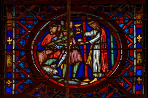 Baie 13 de la Sainte-Chapelle de Paris: Melkisédech offre le pain et le vin à Abram qui offre des troupeaux en guise de dîme