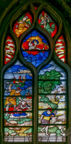 Baie 2: Le sacrifice d'Abraham ((Dieu le Père avec la tiare pontificale et les anges qui portent les instruments de la Passion du Fils))