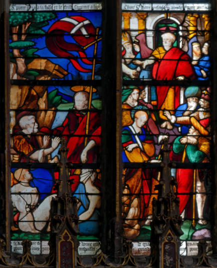 Apparition du Christ à saint Pierre agenouillé à l'entrée de la grotte - Prédication de saint Pierre entre un juif et un pharisien