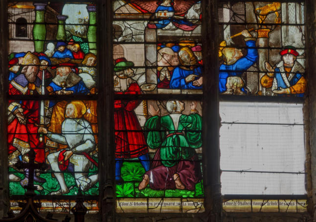 Baie 10: Saint Sébatien (Saint sébastien en armure se présente devant l'empereur - De sa prison, il guérit Zoé la muette - Le saint détruit l'idôle de Janus)