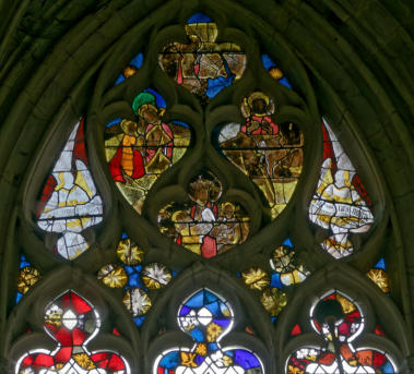 Apparition du Christ à sa mère - Apparition à Marie-Madeleine - Repas à Emmaüs - Le christ et ses apôtres au lac de Tibériade - Des anges avec des phylactères