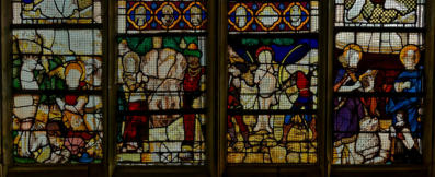 Vision miraculeuse de saint Eustache - Martyre des philosophes convertis par sainte Catherine - Martyre de saint Sébastien - sSints sébastien et Adrien présentent la donatrice