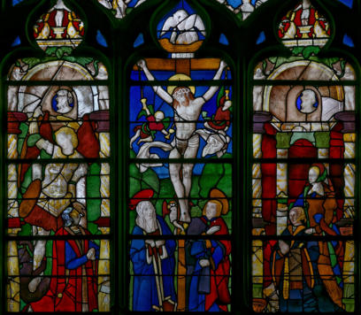 Le donateur, Michel Barrault, présenté par saint Michel - Calvaire avec le pélican mystique-  La donatrice, Madeleine Barrault, présentée par sainte Madeleine