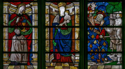 Le donateur, Jean Boulu, présenté par saint Jean l'Évangéliste - Vierge à l'Enfant - Scène de la légende de saint Cyr associée au songe de Charlemagne