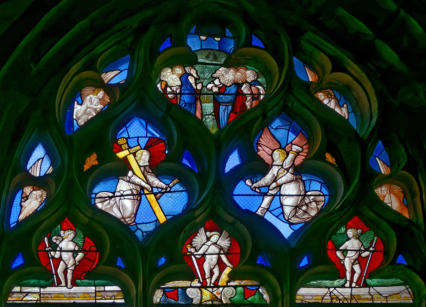 3 anges guerriers, 2 anges portant les instruments de la Passion et l'Ascension