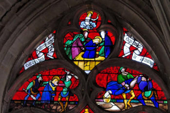 Saint Sébastien conduit au supplice et frappé par 2 bourreaux - Il est précipité dans le cloque et en est retiré par sainte Lucine et et saint Castule - Son âme monte au ciel 